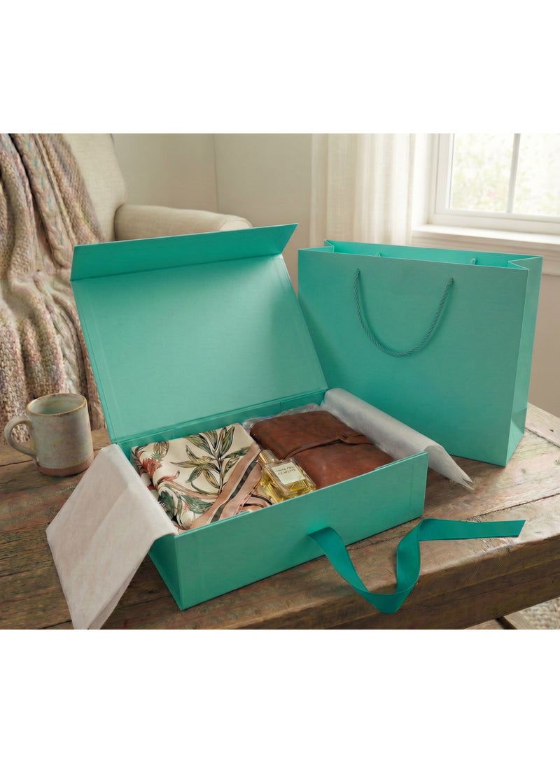 هاي فاي صندوق هدايا فاخر باللون الأزرق (تيل) مع حقيبة هدايا - مقاس ٣٢×٢٠×١٠ سم. علبة هدايا كبيرة مغلفة، إغلاق مغناطيسي مع شريط وغطاء قابل للطي. مثالية لتغليف هدايا حفلات الزفاف وأعياد الميلاد. - Image 5